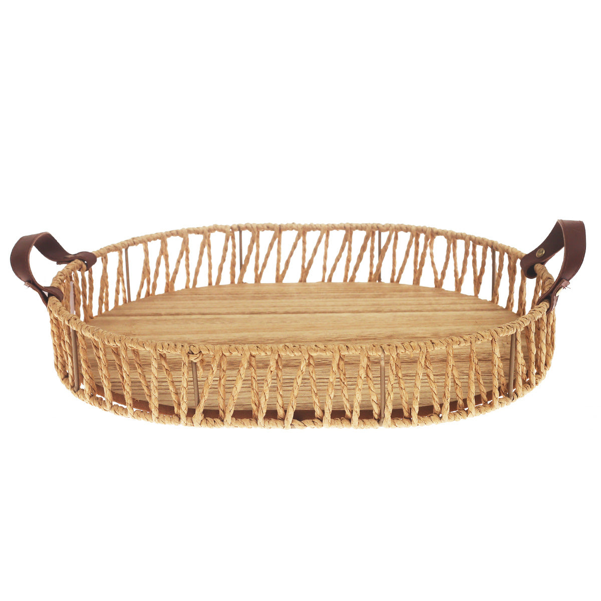 Large Handwoven Natural Decorative Tray with Wooden Base & Leather Handles – 12 x 16 Inch - Habitt