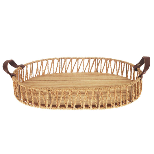 Large Handwoven Natural Decorative Tray with Wooden Base & Leather Handles – 12 x 16 Inch - Habitt