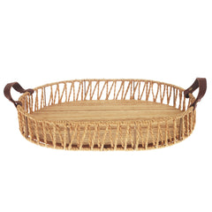 Large Handwoven Natural Decorative Tray with Wooden Base & Leather Handles – 12 x 16 Inch - Habitt