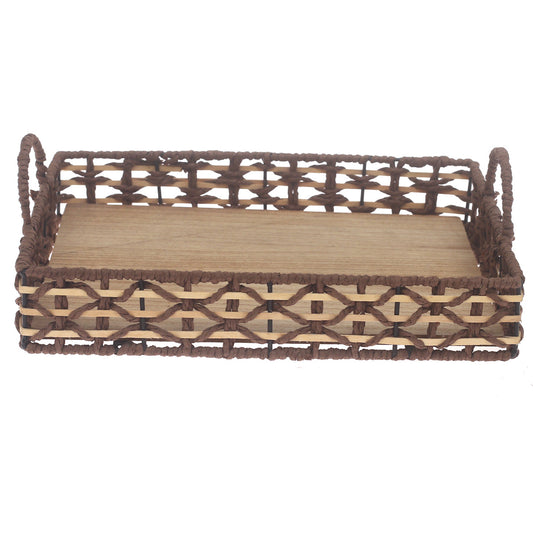 Small Handwoven Brown Decorative Tray with Wooden Base & Handles – 10 x 14 Inch - Habitt