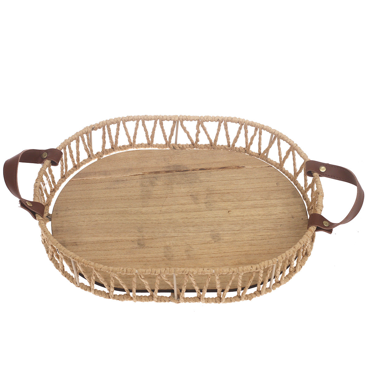Small Handwoven Natural Decorative Tray with Wooden Base & Leather Handles – 10 x 14 Inch - Habitt