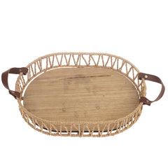 Small Handwoven Natural Decorative Tray with Wooden Base & Leather Handles – 10 x 14 Inch - Habitt