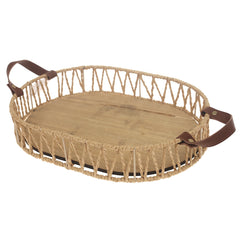 Small Handwoven Natural Decorative Tray with Wooden Base & Leather Handles – 10 x 14 Inch - Habitt