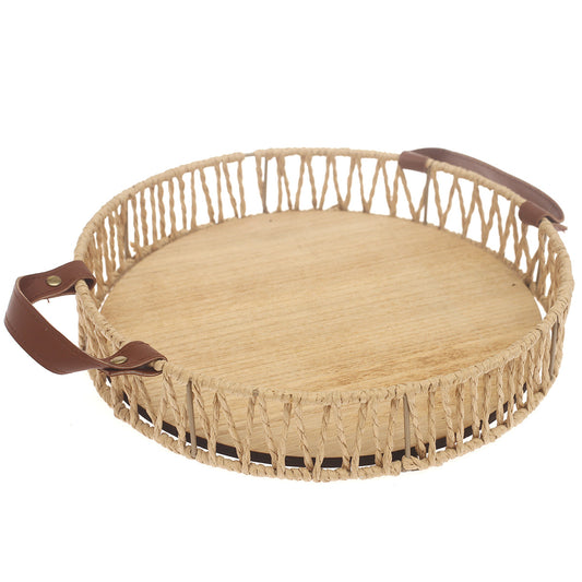 Small Handwoven Natural Decorative Tray with Wooden Base & Leather Handles – 11.5 Inch - Habitt