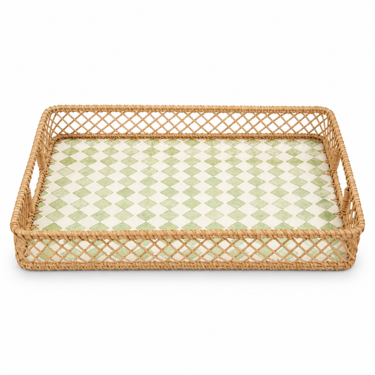 Small Mother of Pearl Decorative Tray with Woven Rattan Frame
