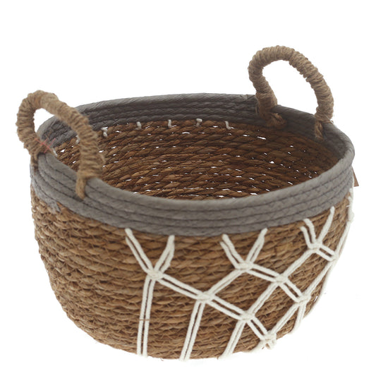 Large Woven Storage Basket Grey & White Rope Detail – 11 x 7.5 Inch - Habitt