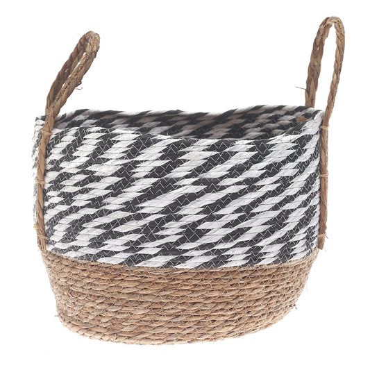 Large Natural & Black Woven Storage Basket with Handles – 16 x 16 x 12 Inch - Habitt