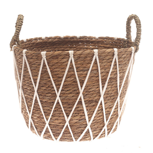 Large Woven Storage Basket with White Rope Detail – 12 x 12 x 10 Inch - Habitt