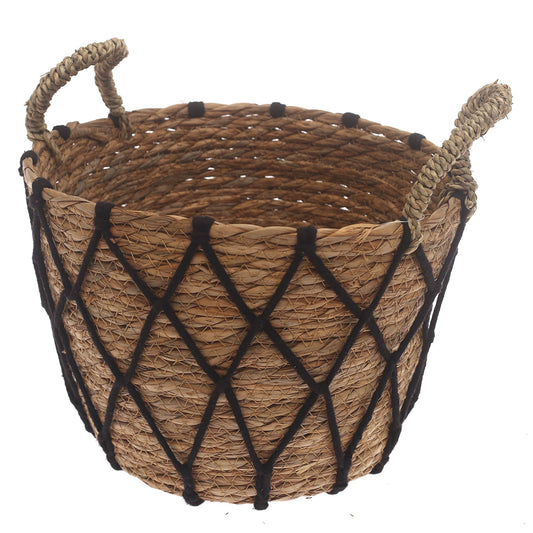 Medium Woven Storage Basket with Black Rope Detail – 11 x 11 x 8 Inch - Habitt