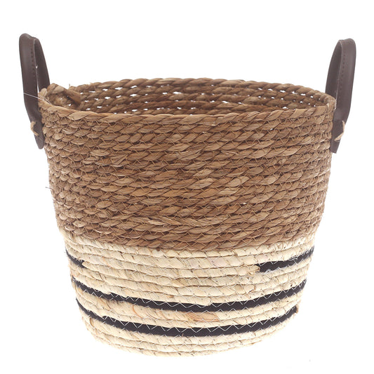 Medium Woven Storage Basket White & Black Stripe Design – 11 x 11 x 9 Inch - Habitt