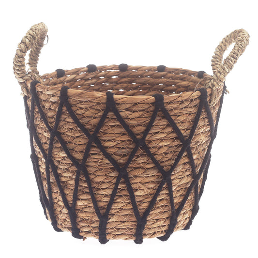 Small Woven Storage Basket with Black Rope Detail – 9 x 9 x 7 Inch - Habitt