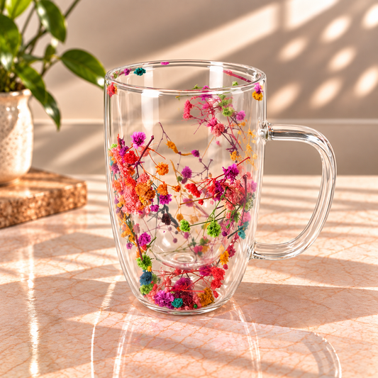 Mixed Floral Glass Mug – 450ml Transparent Multicolor Flower Coffee & Tea Mug