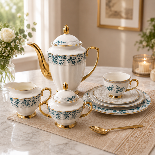 Piece Premium Porcelain Tea Set – White with Blue Floral Design & Gold Accents