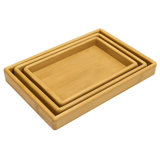 Set of 3 Wooden Serving Trays with Handles – Nested Rectangular Kitchen & Dining Trays - Habitt