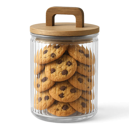 Small Lining Glass Storage Jar with Wooden Handle Lid – Transparent Container - Habitt