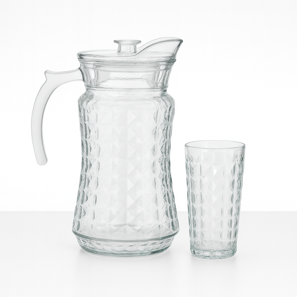 Diamond-Texture Clear Glass Water Set – 7-Piece Set (1.7 L Jug + 278 mL Glasses) - Habitt