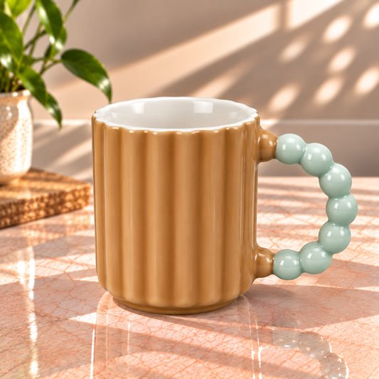 Pastel Ribbed Ceramic Coffee Mug with Beaded Handle – Cute Tea & Coffee Cup