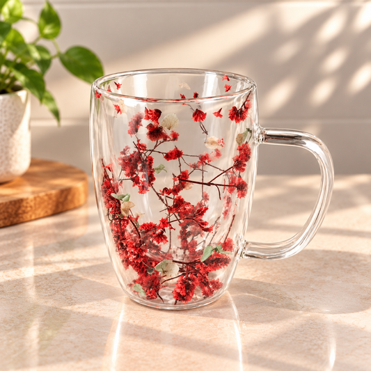 Pink Blossom Glass Mug – 450ml Floral Transparent Coffee & Tea Mug