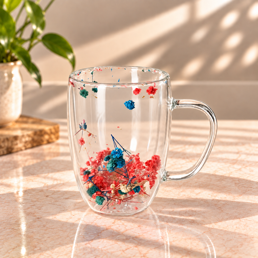Double Wall Floral Glass Mug – Multicolor Flower Design