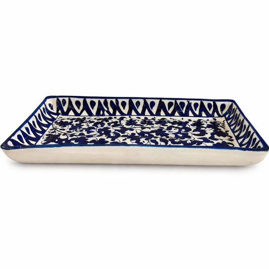 Handcrafted Blue Pottery Rectangle Platter – Floral Design (11 × 4.5 Inches) - Habitt