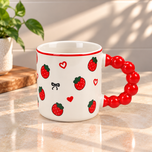 Cute Fruit Print Ceramic Coffee Mug with Red Handle – Tea & Coffee Cup