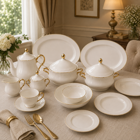 Gold Line Premium Porcelain Dinner Set | Elegant White Dinnerware with Gold Rim