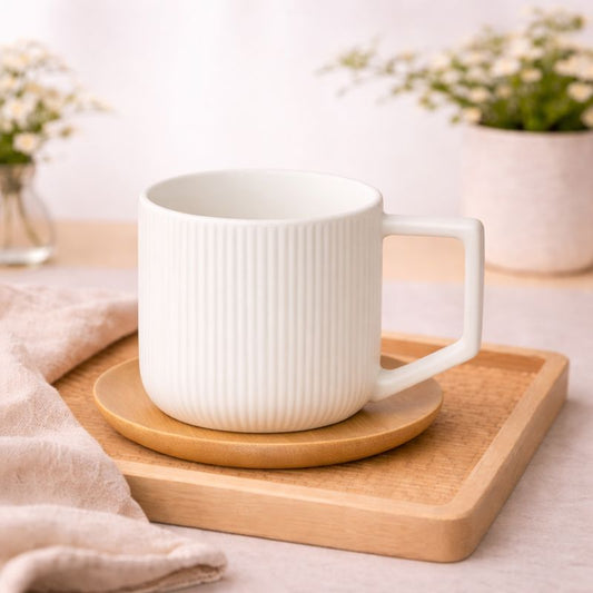 6 Pcs Cups & Bamboo Saucers – White Ribbed Ceramic Tea Set - Habitt
