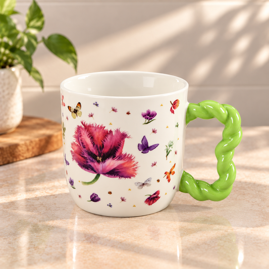 Floral Mug with Green Twisted Handle – 500ml Orange Flower & Butterfly Design Mug