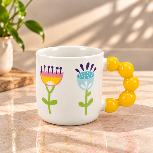 Colourful Floral Bubble Handle Ceramic Mug