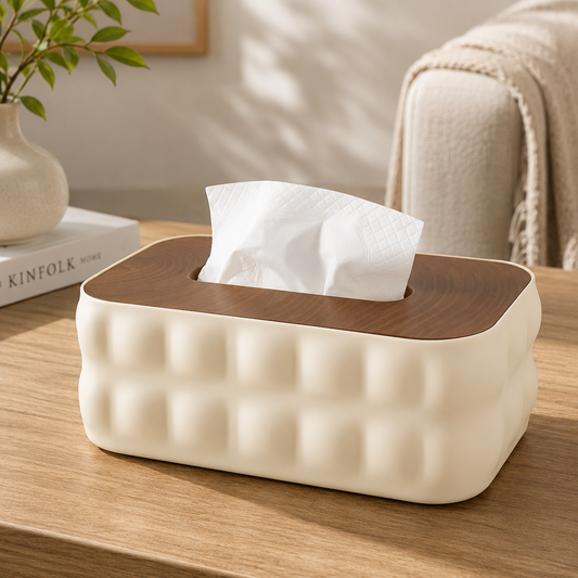 Modern Tissue Box with Wooden-Style Lid – Decorative Napkin Holder for Home, Office & Living Spaces