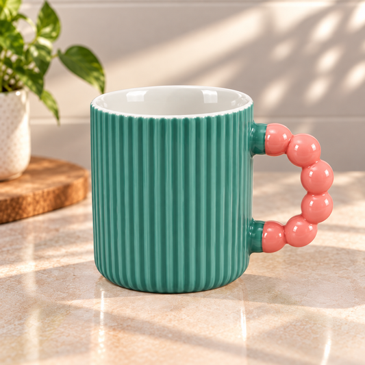 Ribbed Ceramic Coffee Mug with Beaded Handle – Colourful Tea & Coffee Cup