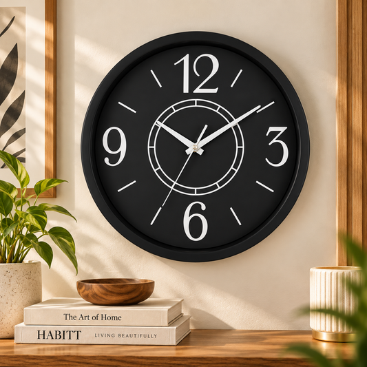 Heritage Bradford Wall Clock 14.5 Inch – Sleek Black Dial with Silver Accents & Modern Heritage Design (Plastic)