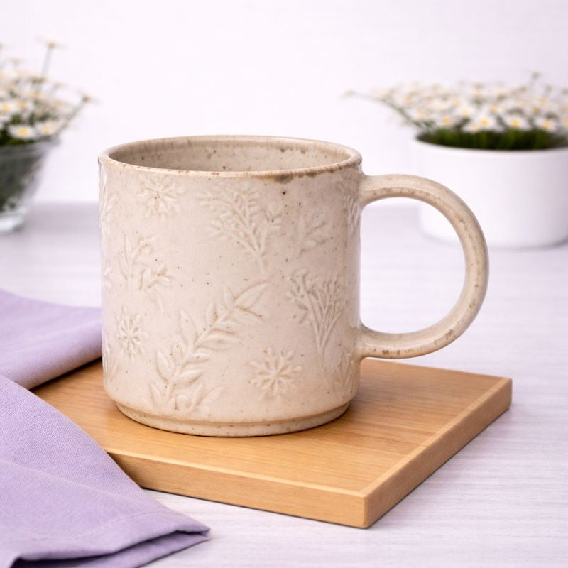 Beige Embossed Ceramic Mug 3.5 x 3.5 Inch – Elegant Stoneware Coffee Mug - Habitt