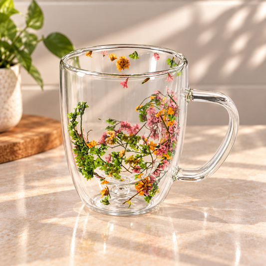 Double Wall Floral Glass Mug – Multicolor Botanical Design