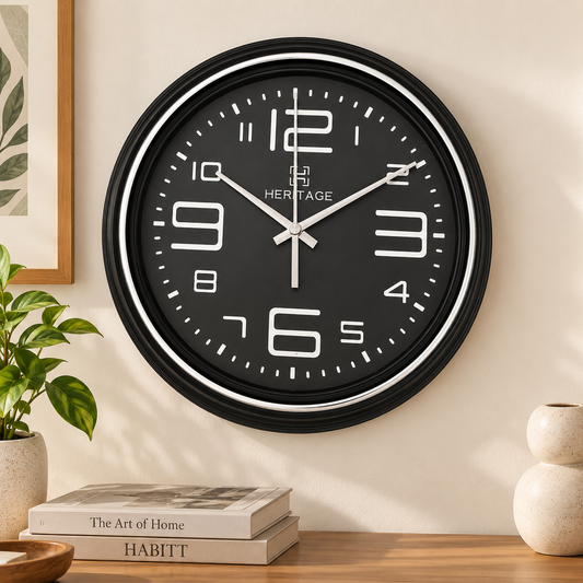 Heritage 15-Inch Modern Black Wall Clock with Silent Sweep Movement – Bold Numeric Dial Plastic Frame Clock for Home & Office