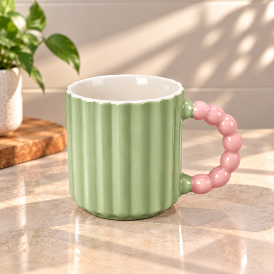 Pastel Ribbed Ceramic Coffee Mug with Beaded Handle – Cute Tea & Coffee Cup