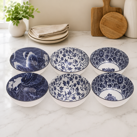 6 Pcs Blue Floral Ceramic Bowl Set