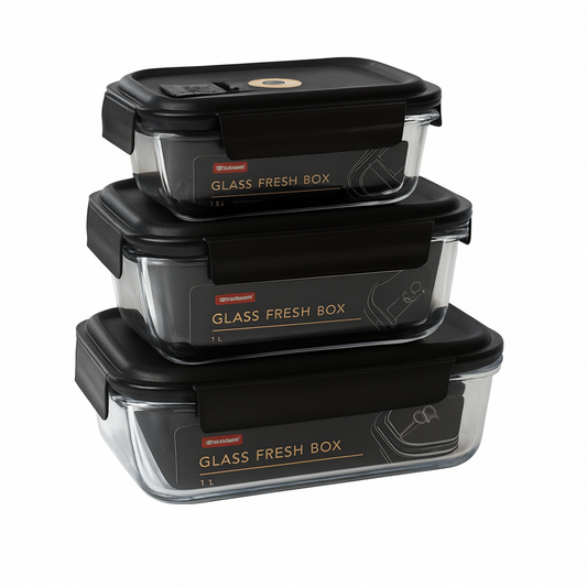 Glass Storage Box Set with Black Airtight Lids – 630ml, 1000ml, 1500ml - Habitt