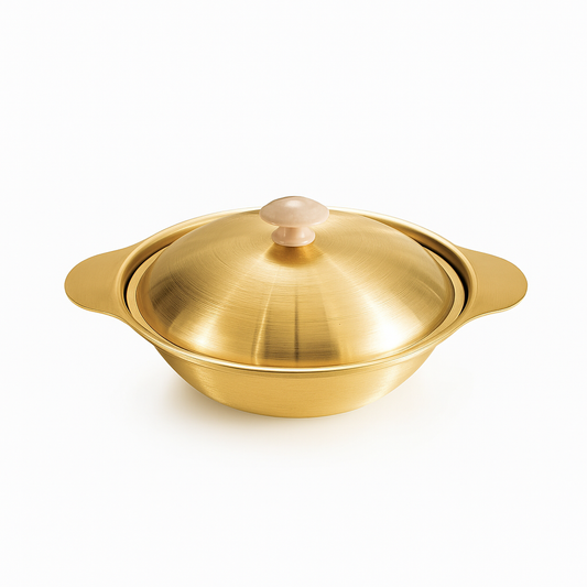 Golden Serving Bowl with Wooden Knob – Premium Brass-Finish Cook & Serve Dish (Available in 18 cm, 21 cm & 24 cm) - Habitt