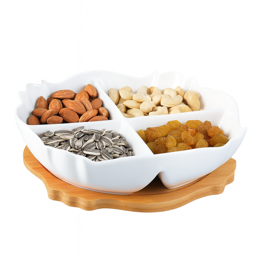 Dish with Bamboo Base – White Ceramic 4-Section Platter - Habitt