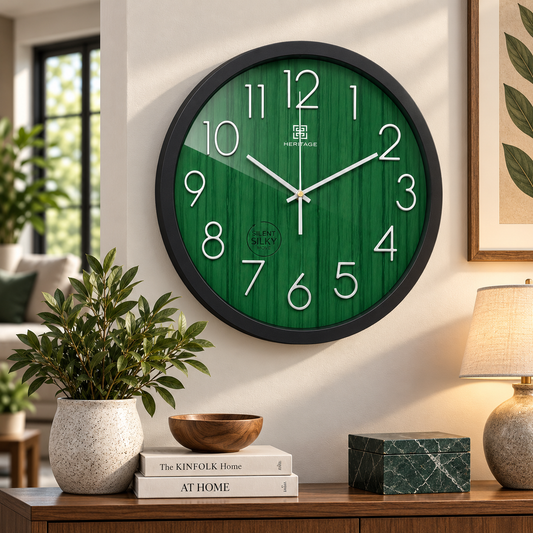 Heritage Bradford Wall Clock 14.5 Inch – Green Textured Dial with Gold Numerals & Modern Classic Style (Plastic)