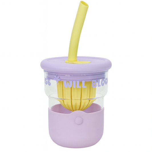 1Pc Cute Flower Glass with Straw & Lid – 1 Pc Drinking Cup (Purple, Blue, Pink, Green) - Habitt