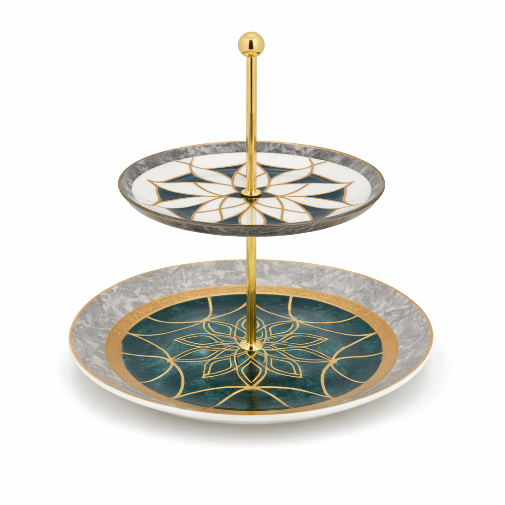 Elegant 2-Tier Green & Gold Serving Stand – Decorative Dessert and Snack Display - Habitt