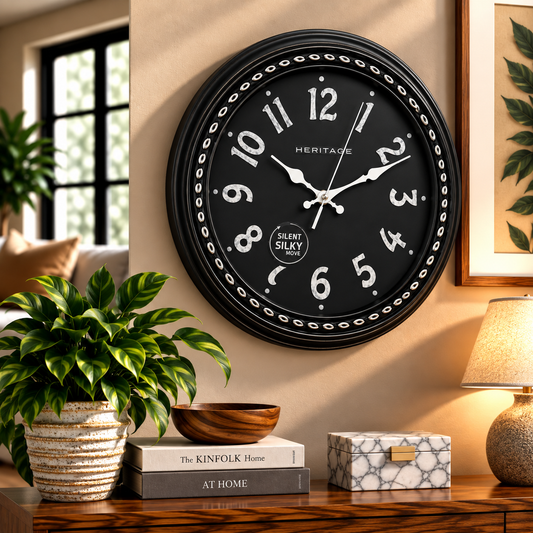 Heritage Hazel Wall Clock 14.5 Inch – Classic Black Dial with Silver Accents & Beaded Frame (Plastic)
