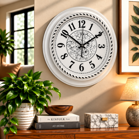 Heritage Gear 18-Inch Vintage Farmhouse Wall Clock – Decorative Distressed White Metal Wall Clock with Classic Dial for Living Room, Kitchen & Home Décor