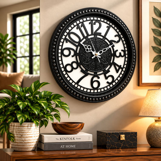 Heritage Retro Wall Clock 15 Inch – Classic Black Finish with Ornate Center & Raised Numerals (Plastic)