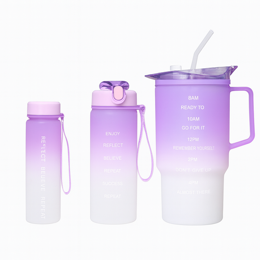 3-Piece Gradient Plastic Water Bottle Set – Leak-Proof Hydration Bottles in Purple, Pink, Blue & Green - Habitt