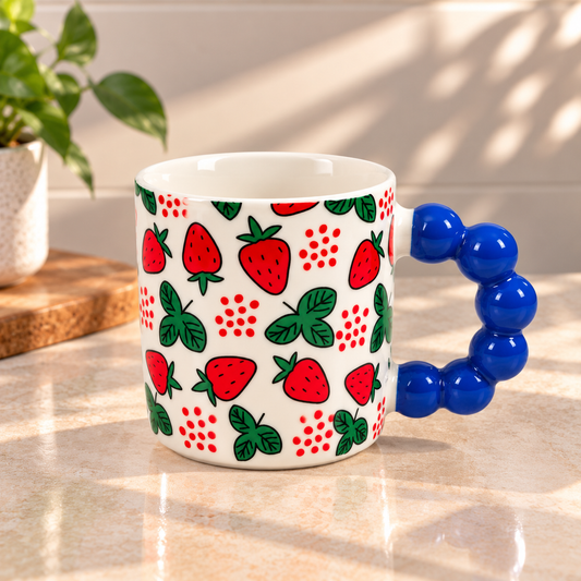 Cute Fruit Print Ceramic Coffee Mug with Beaded Handle – Colourful Tea & Coffee Cup