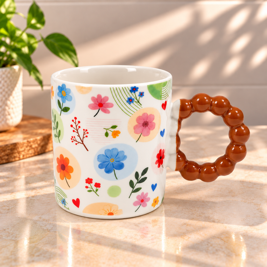Colourful Floral Ceramic Coffee Mug with Beaded Handle – Cute Tea & Coffee Cup