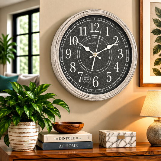 Heritage 15-Inch Vintage Grey Wall Clock with Silent Sweep Movement – Classic Decorative Plastic Frame Clock for Home & Office
